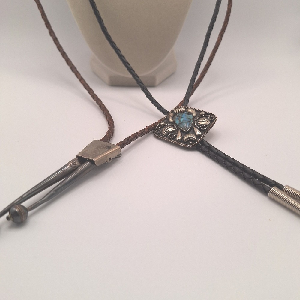 Vintage bolo ties turquoise black brown leather Mexico Alpaca silver southwest
